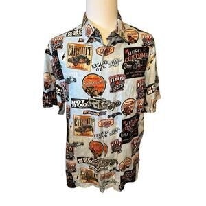 Clearwater Outfitters Mens Large Blue Hot Rod Button Down Shirt Drag Racing